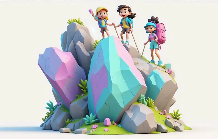 Kids on Mountain Trekking Adventure 3D Character Design Illustration